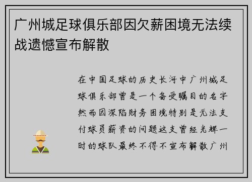 广州城足球俱乐部因欠薪困境无法续战遗憾宣布解散 广州城足球俱乐部因欠薪困境无法续战遗憾宣布解散