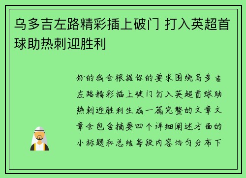乌多吉左路精彩插上破门 打入英超首球助热刺迎胜利
